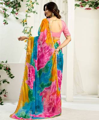 Women gorgette multi color zari lace work saree 4