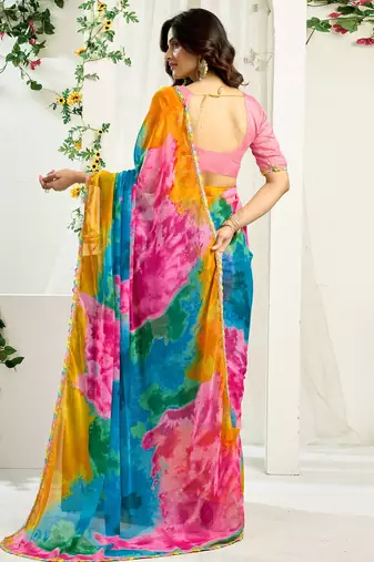 Women gorgette multi color zari lace work saree