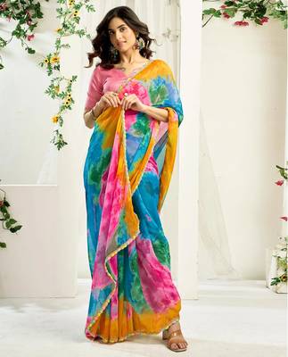 Women gorgette multi color zari lace work saree 5
