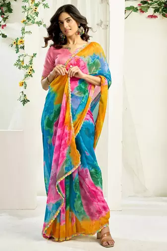 Women gorgette multi color zari lace work saree