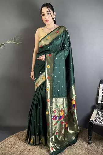 Women dark green parrot & floral woven design lichi silk saree