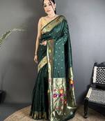 Women dark green parrot & floral woven design lichi silk saree