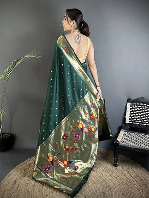 Women dark green parrot & floral woven design lichi silk blend saree 3