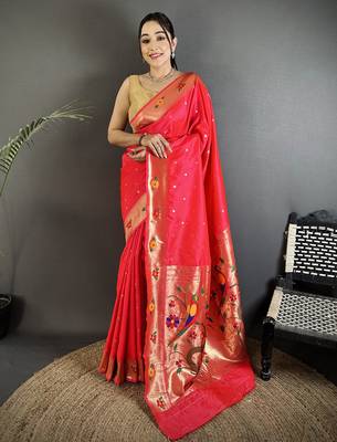 Women rani pink parrot & floral woven design lichi silk blend saree 1