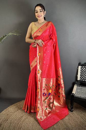 Women rani pink parrot & floral woven design lichi silk saree