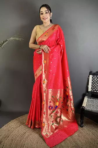Women rani pink parrot & floral woven design lichi silk saree