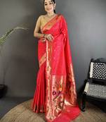 Women rani pink parrot & floral woven design lichi silk saree
