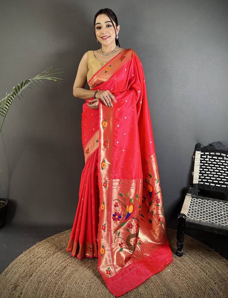 Women rani pink parrot & floral woven design lichi silk saree