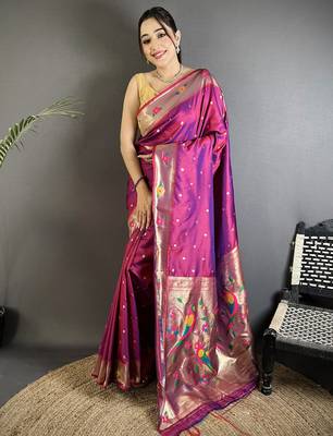 Women magenta parrot & floral woven design lichi silk blend saree 1