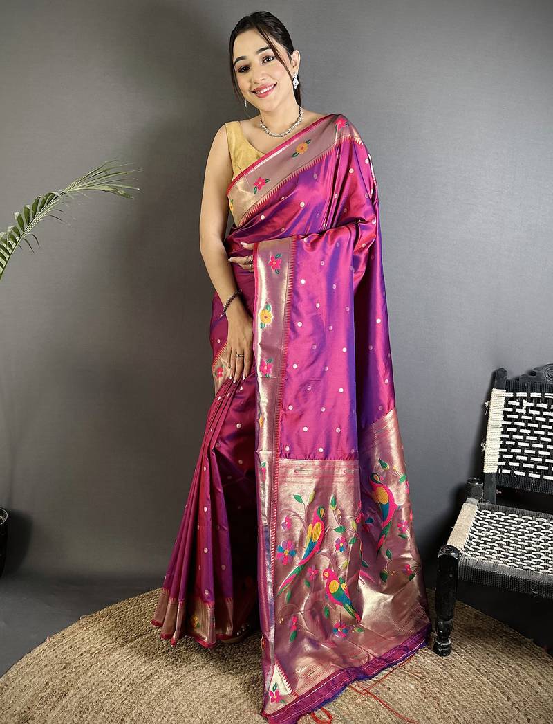 Women magenta parrot & floral woven design lichi silk saree