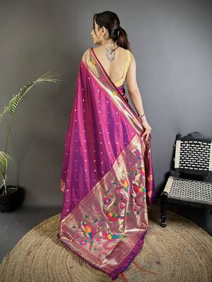 Women magenta parrot & floral woven design lichi silk blend saree 3