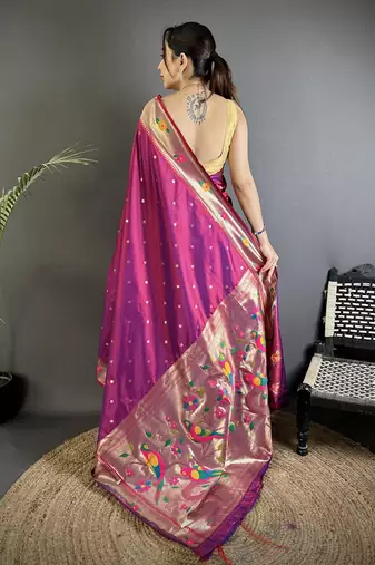 Women magenta parrot & floral woven design lichi silk saree