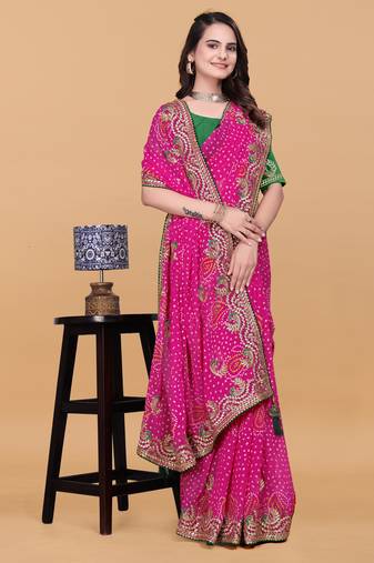Women gorgette pink zari lace work saree