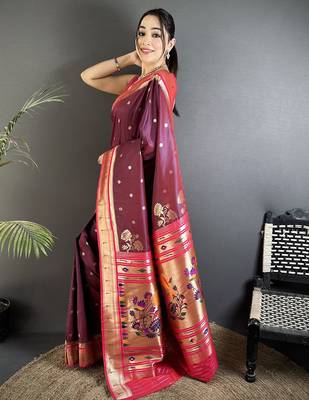 Women wine floral motifs lichi silk blend saree 2