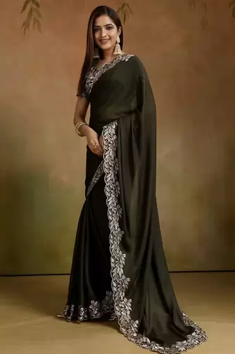 Women gorgette mehendi zari lace work saree