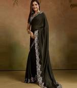 Women gorgette mehendi zari lace work saree