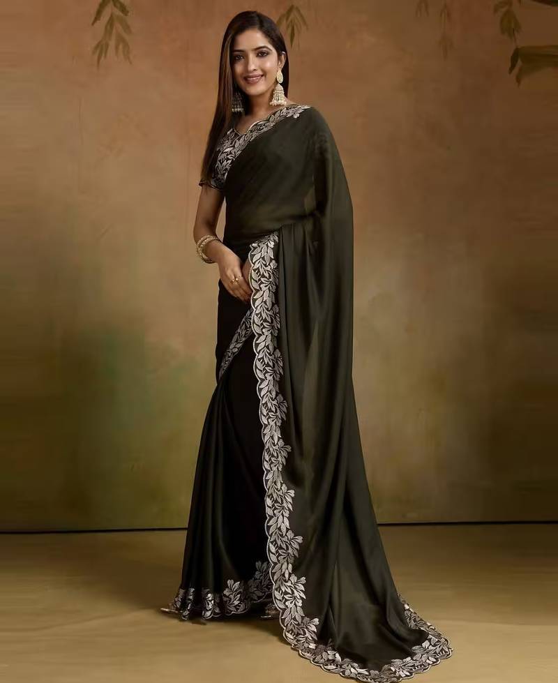 Women gorgette mehendi zari lace work saree