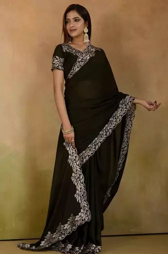 Women gorgette mehendi zari lace work saree