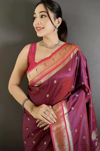 Women wine floral motifs lichi silk saree