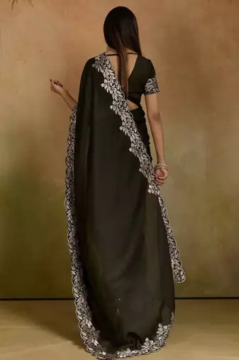 Women gorgette mehendi zari lace work saree