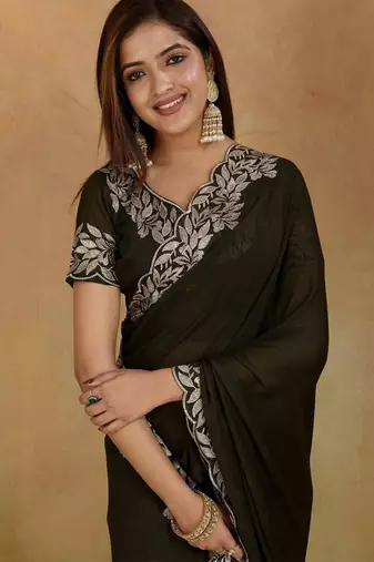 Women gorgette mehendi zari lace work saree
