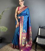 Women rama blue floral motifs lichi silk saree