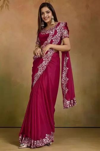 Women gorgette pink zari lace work saree