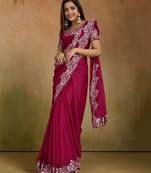 Women gorgette pink zari lace work saree