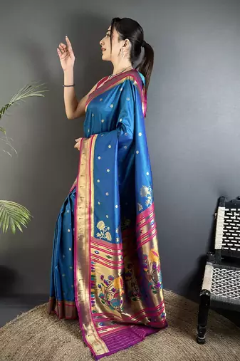 Women rama blue floral motifs lichi silk saree