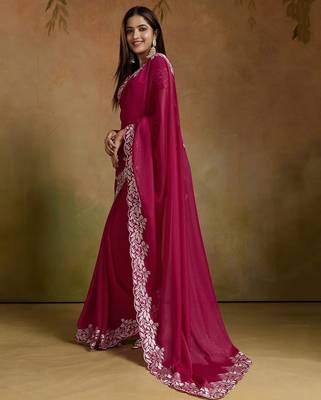 Women gorgette pink zari lace work saree 3