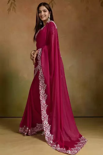 Women gorgette pink zari lace work saree