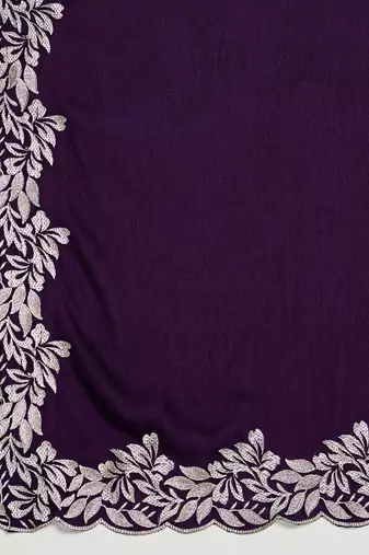 Women gorgette wine zari lace work saree