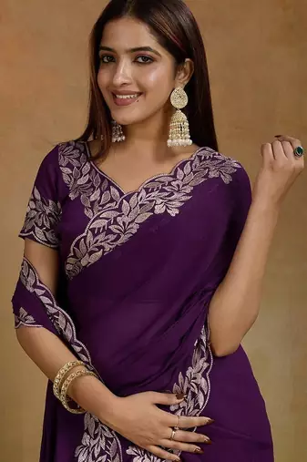 Women gorgette wine zari lace work saree