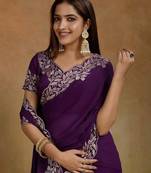 Women gorgette wine zari lace work saree