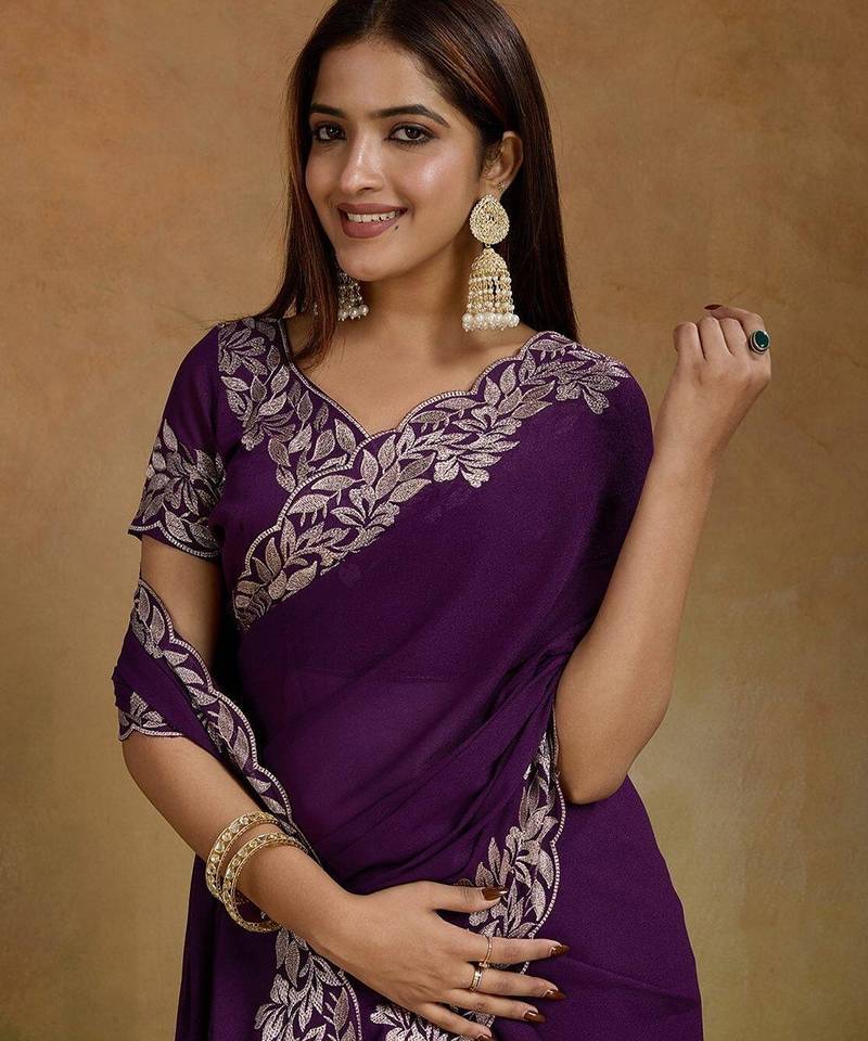 Women gorgette wine zari lace work saree