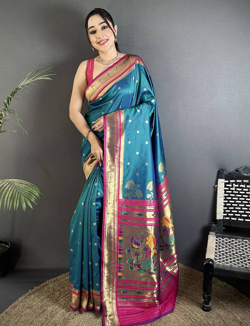 Women teal blue floral motifs lichi silk saree