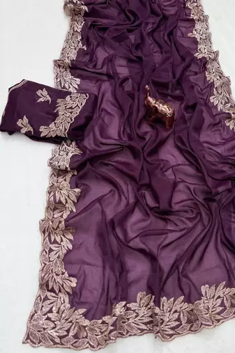 Women gorgette wine zari lace work saree