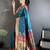 Women teal blue floral motifs lichi silk saree
