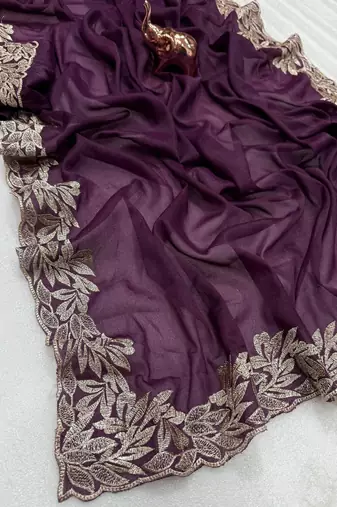 Women gorgette wine zari lace work saree