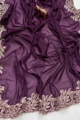 Women gorgette wine zari lace work saree