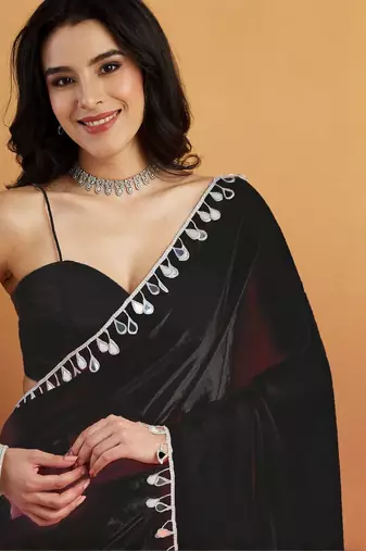 Women gorgette black zari lace work saree