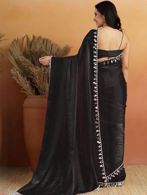 Women gorgette black zari lace work saree 3