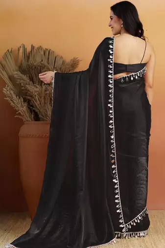 Women gorgette black zari lace work saree