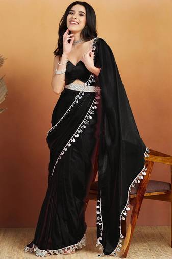 Women gorgette black zari lace work saree