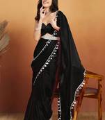 Women gorgette black zari lace work saree