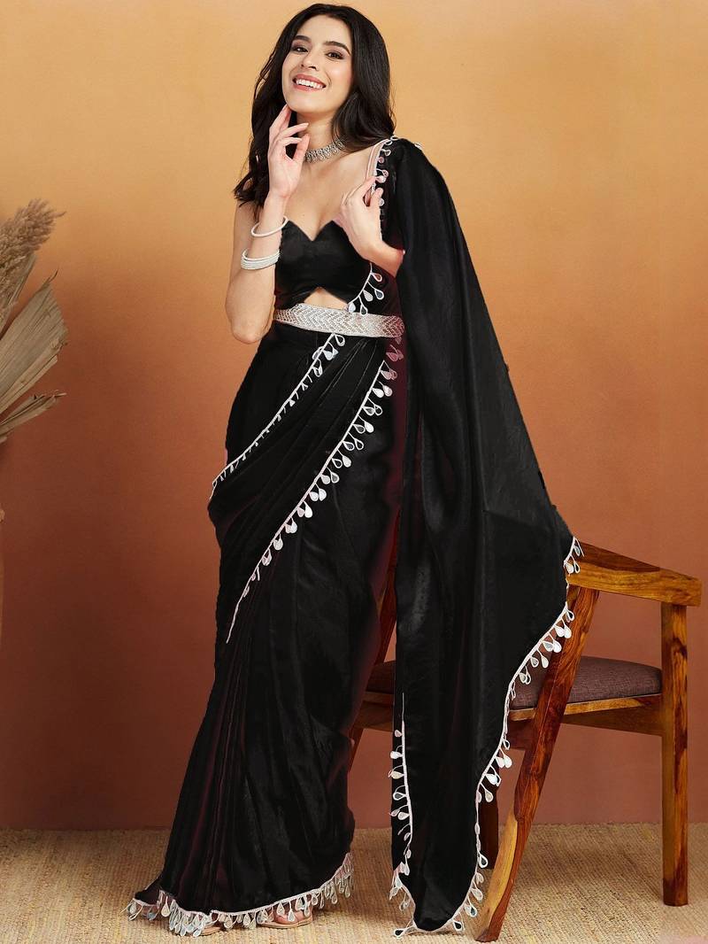 Women gorgette black zari lace work saree