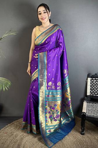 Women purple floral motifs lichi silk saree