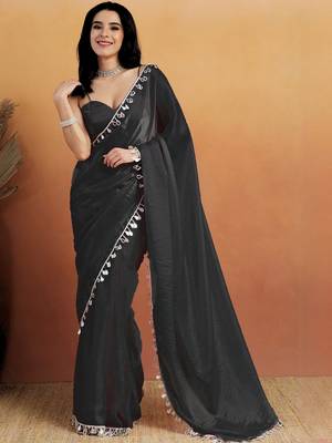 Women gorgette black zari lace work saree 4