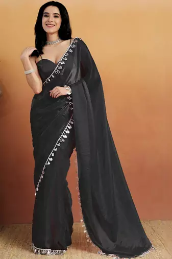 Women gorgette black zari lace work saree