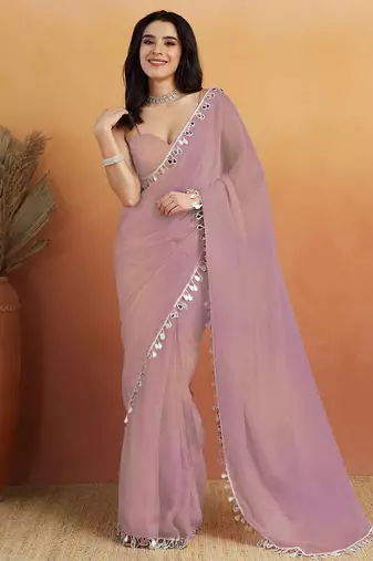 Women gorgette pink zari lace work saree